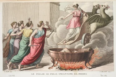 Pelias con sus hijas o Le Figlie di Pelia Ingannate da Medea, Libro VII, ilustración de las Metamorfosis de Ovidio, Florencia, 1832
